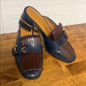 Tory Burch Navy and Brown Leather Fringe Mule with Buckle